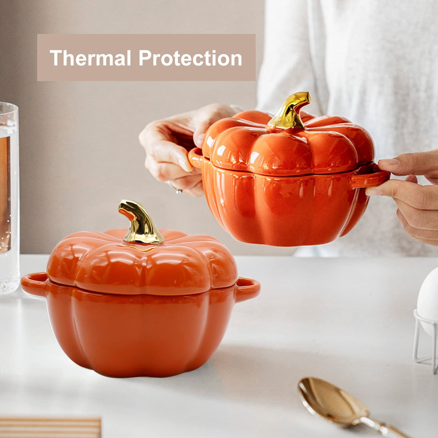 LIDSCURA 15 Oz Orange Ceramic Pumpkin Soup Bowl with Lid, for Halloween & Thanksgiving Soup Serving, Oven Safe Ceramic Stew Pot Pumpkin Shape Storage Jar, Double Ear Pumpkin Dessert Bowl for Tableware