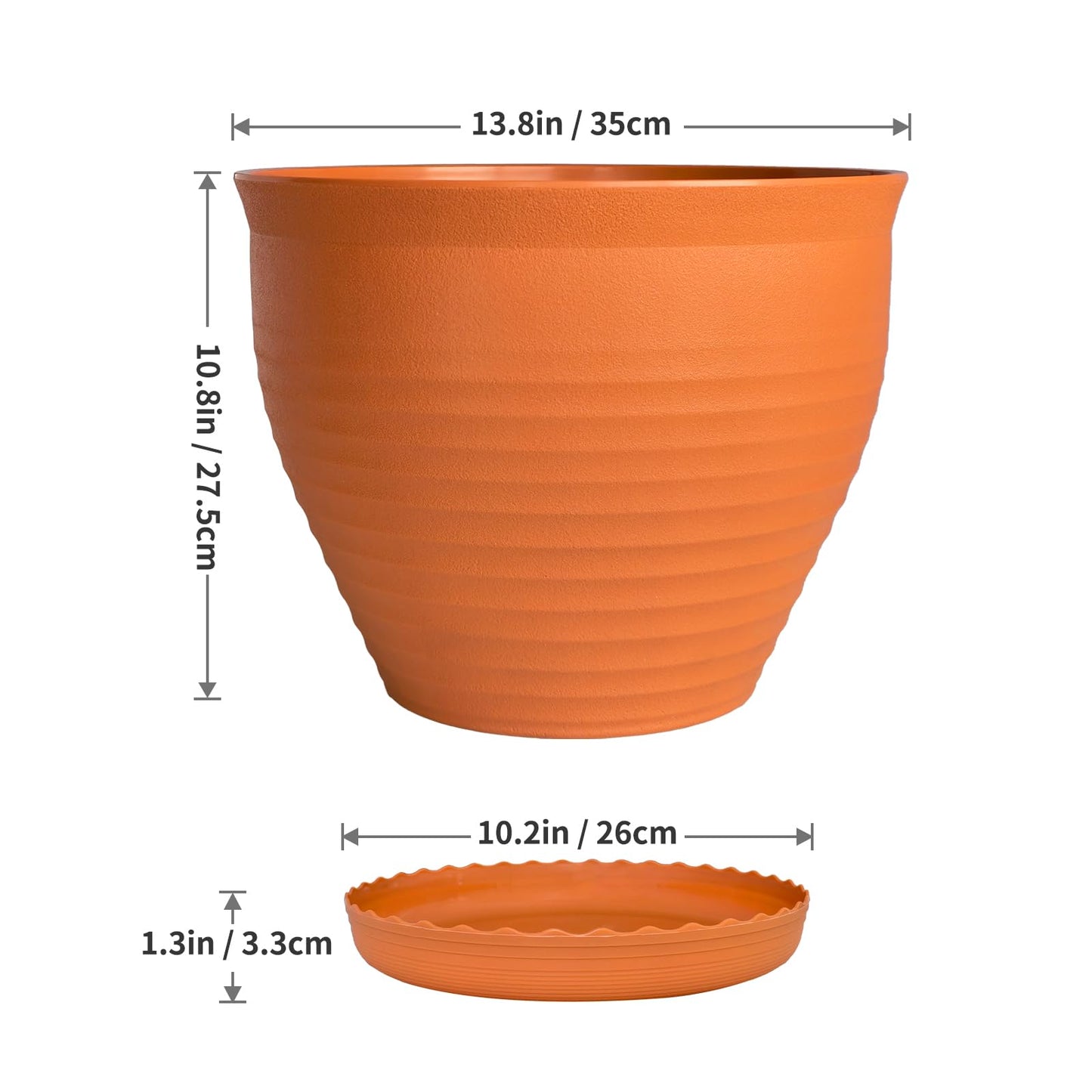 OUMUHE 13.8 Inch Round Plastic Planters Urns with Drainage and Saucers, Set of 2, Large Flower Pots for Indoor Outdoor Plants, Available in Terracotta & White (Terracotta)