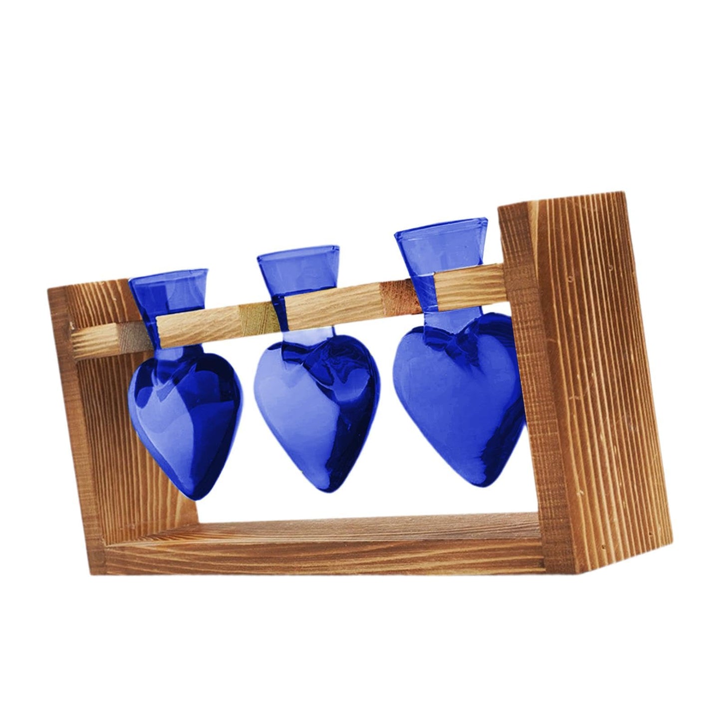BooGaeio 3 Pieces Hydroponic Vase Glass Flower Vase with Wooden Stand Tabletop Planter Plant Terrarium Decorative Vase Multipurpose Plant Propagation, Blue