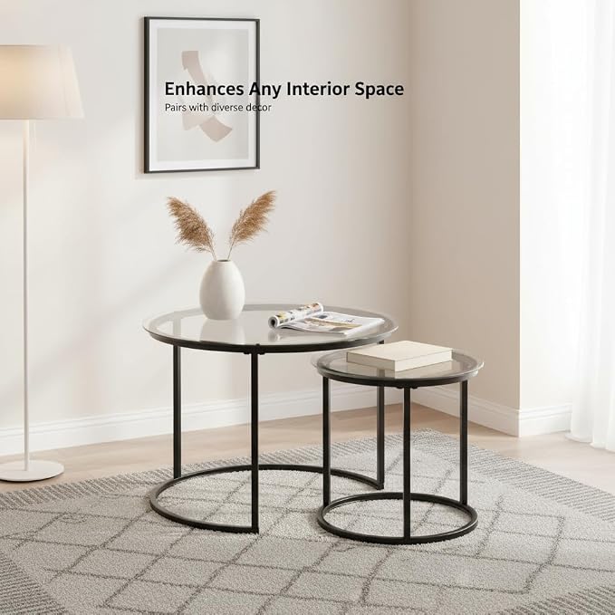 Round Nesting Coffee Table Set of 2, Modern Glass Nesting Tables, Stacking Minimalist End Table for Living Room Bedroom Small Space, Clear Tempered Glass and Black