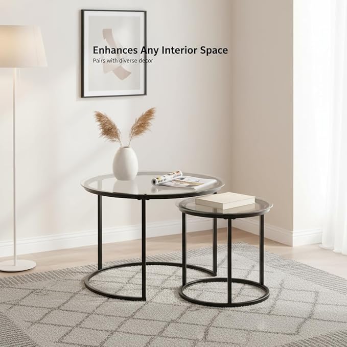 Round Nesting Coffee Table Set of 2, Modern Glass Nesting Tables, Stacking