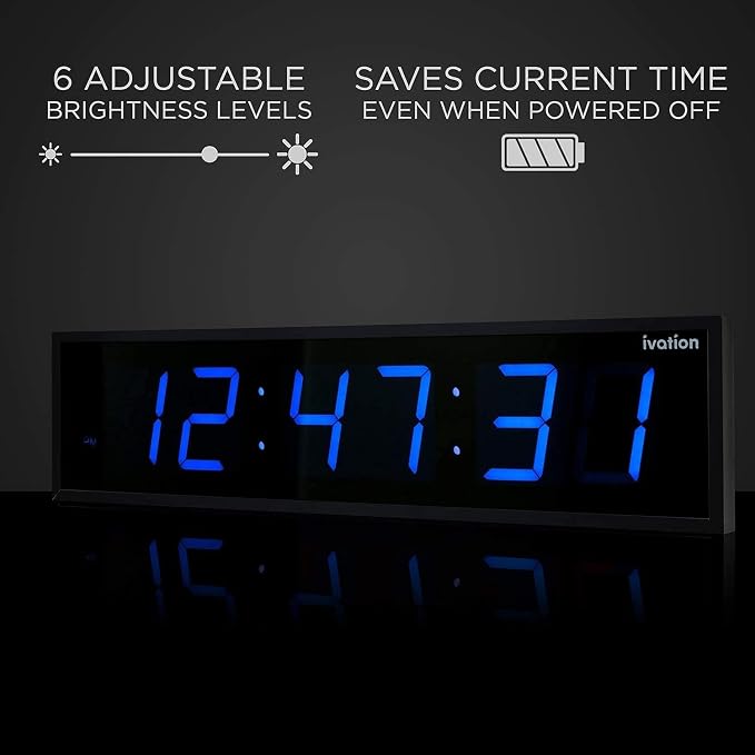 Ivation Oversized Large Digital Wall Clock - Big LED Digital Clock w/Large Display & Durable Aluminum Frame, Shelf or Wall Mount (36 Inch - Blue) 6 Brightness Levels | Time Memory | Remote