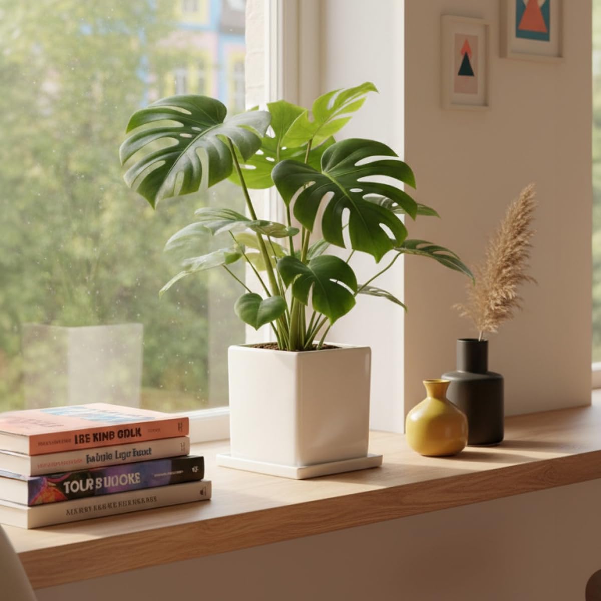 White Ceramic Plant Pots with Saucers, 6 Inch Square Planter Pots Set of 2, Modern Minimalist Medium Flower Pots for Indoor Plants, Snake Plants, Monstera, Home Decor