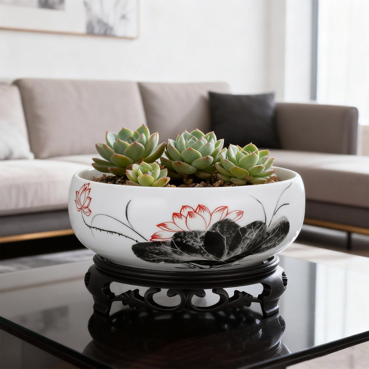 VICASKY White Ceramic Hydroponic Planter Bowl with Plastic Base - Oriental Lotus Shape Flower Pot for Daffodils, Water Plants, Lucky Bamboo & Home Decor