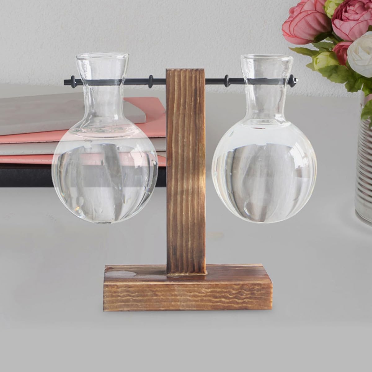 OSALADI 3Pcs Glass Hydroponic Vase with Wood Stand, High Borosilicate Glass Planter for Indoor Plant Propagation and Flower Display, Desk Terrarium Jars for Home and Office Decor