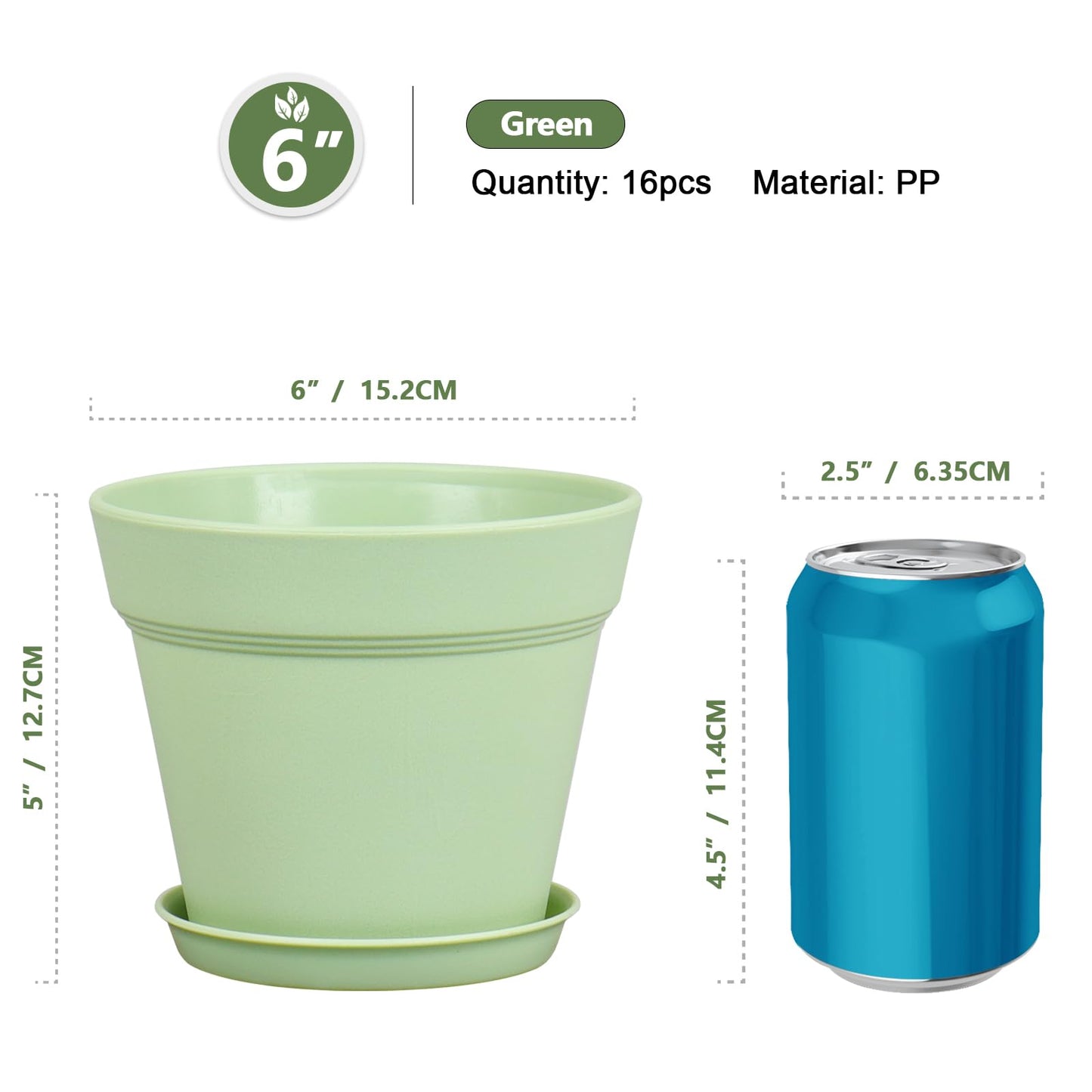 Meowell 6 inch Plastic Nursery Pots, 16 Pack Plant Pots for Small Indoor Outdoor Plants, Flower Pots with Drainage Holes and Saucers, Decorative Seeding Starter Planters for Houseplants, Green