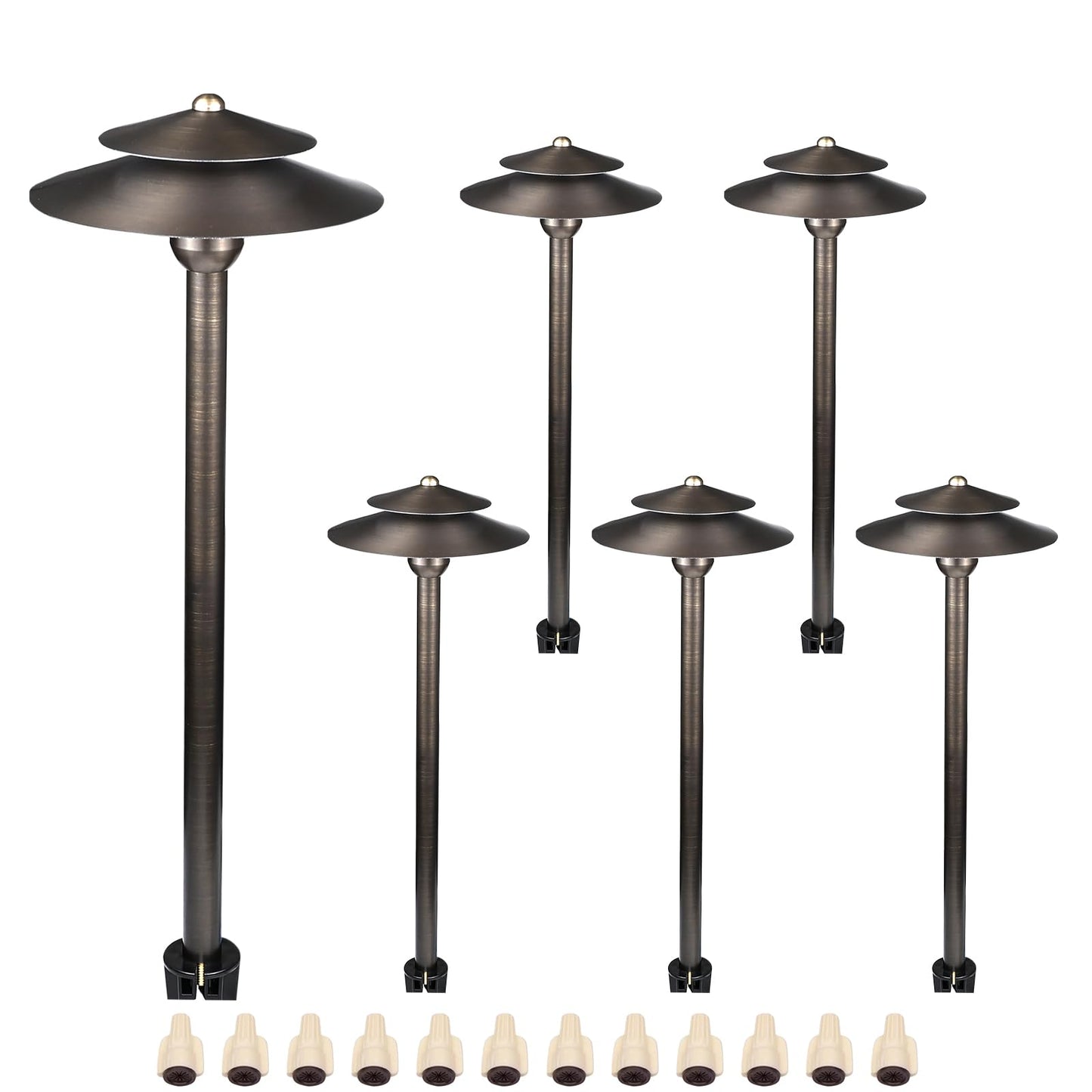 DOSHINE® Solid Brass Low Voltage Landscape Lighting Pathway Lights (8.25" Shade, 22" Tall) with Replaceable 3W G4 LED Bulb 3000K AC/DC 12V and Ground Stake for Outdoor Walkway Driveway (DOU, 6-Pack)