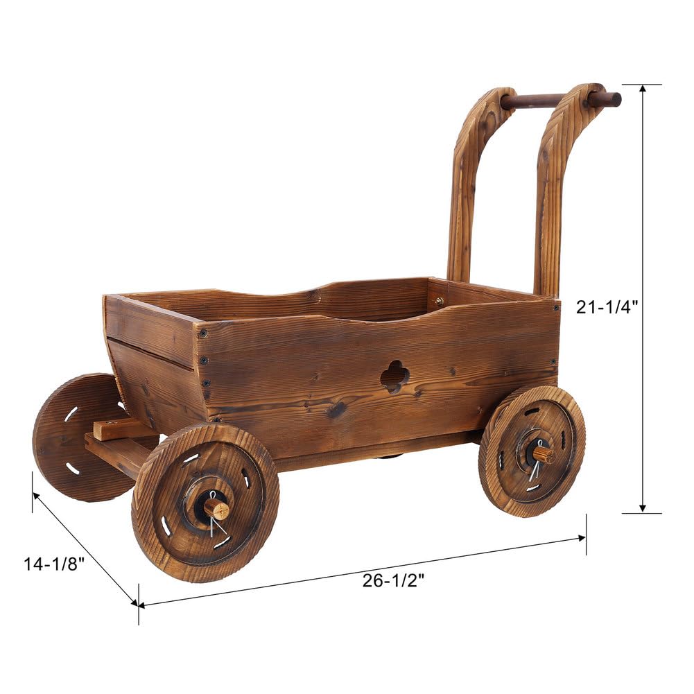 CWKISS Wooden Wagon Planter with Wheels, Rustic Fir Wood Flower Cart for Garden, Patio, Balcony & Indoor Decor, Drainage Holes, Easy Assembly, Brown