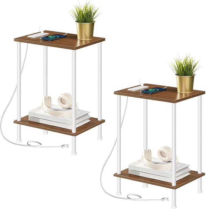 HOOBRO Side Table with Charging Station, Nightstand with 2-Layer Storage Shelves