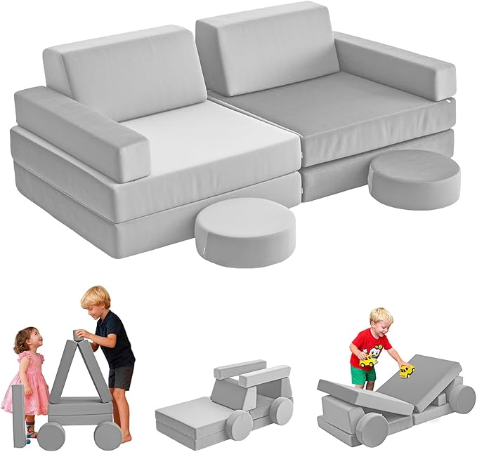 12 Pcs Modular Kids Play Sofa Convertible Foam Floor Mat and Play Fortress