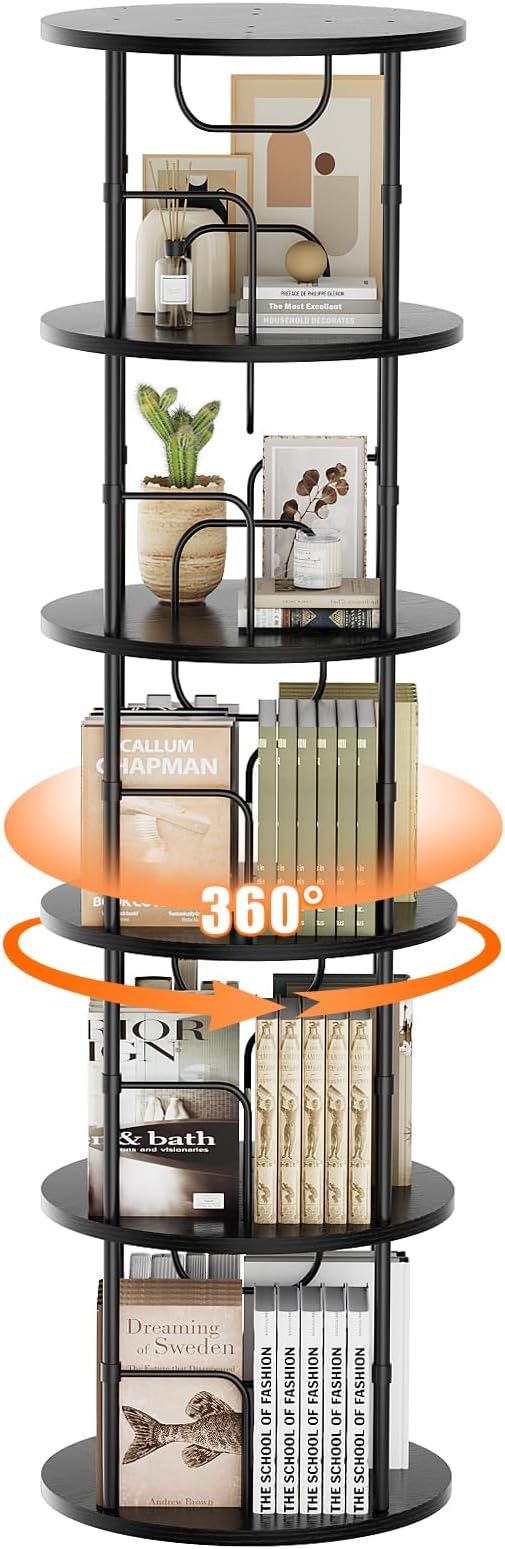 ALLSTAND 5 Tier Rotating Bookshelf, 360 ° Display Stackable Spinning Bookshelf