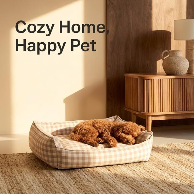Gingham Dog Bed for Small Dogs, Small, Beige | Washable Removable Cover, Supportive Sponge Base, Bolsters
