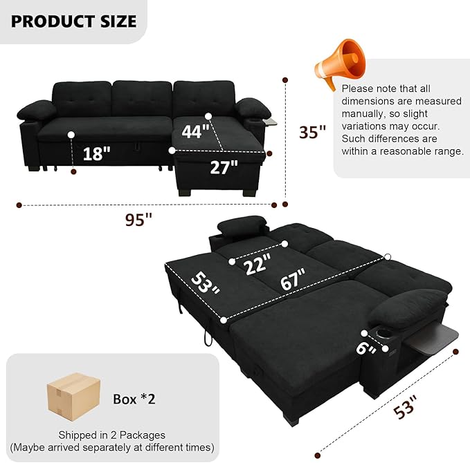 KCGKCG 93" L Shaped Sleeper Sofa Bed, Pull Out Sectional Couch