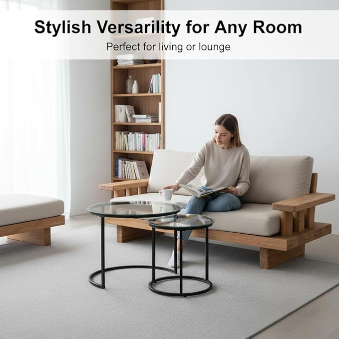 Round Nesting Coffee Table Set of 2, Modern Glass Nesting Tables, Stacking
