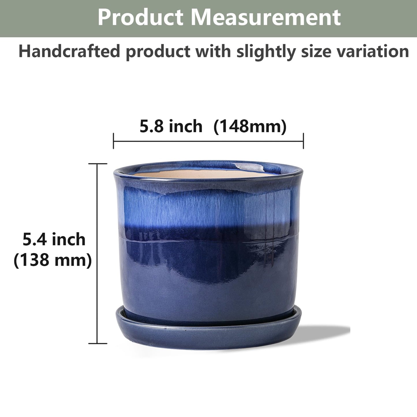 Chubacoo 5.8 Inch Plant Pot: Ceramic Planter with Drainage Hole & Saucer for Indoor Outdoor Plants - Flowerpot with Bonded Tray for Home Office - Blue Reactive Glaze