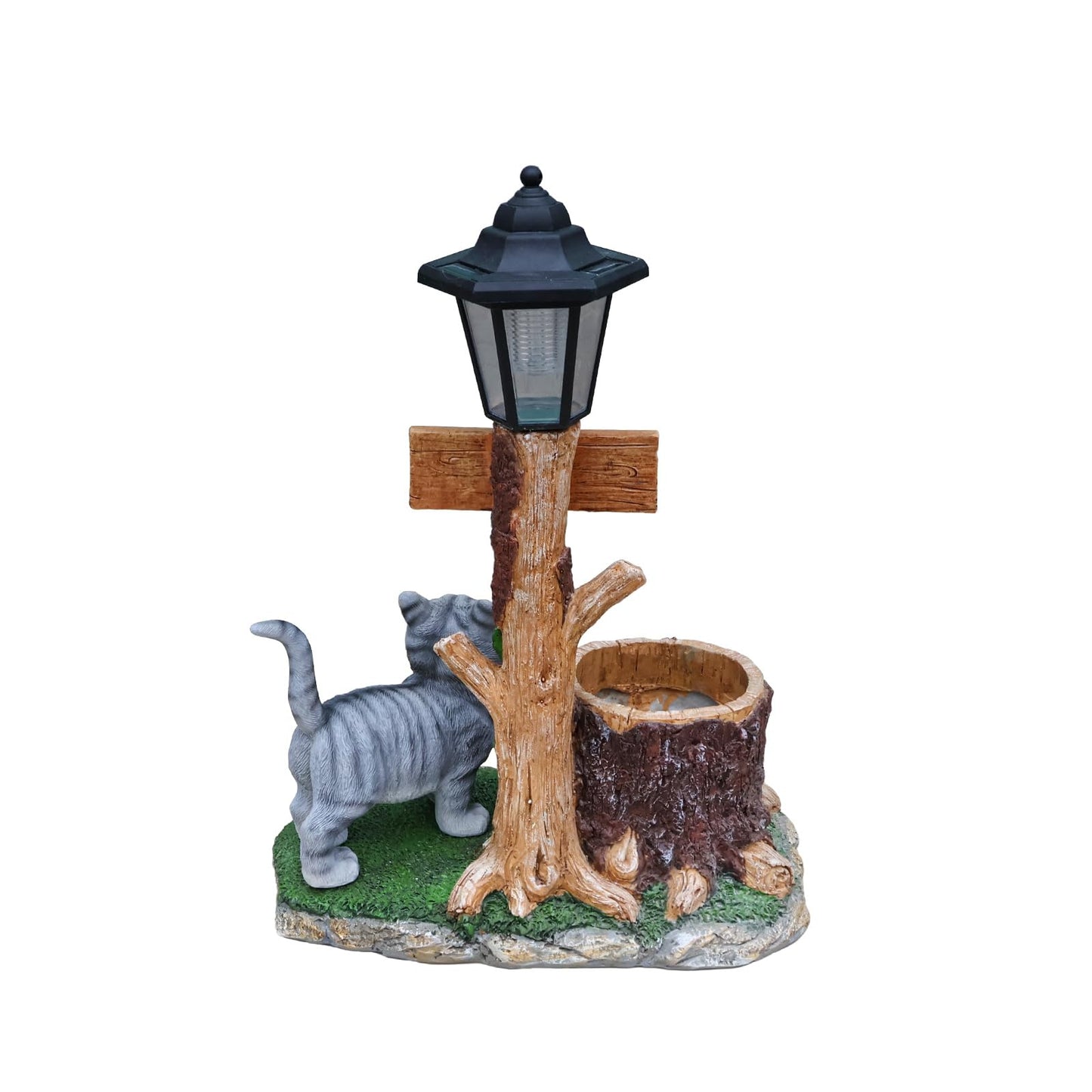 UNOIRNM Cat and Squirrel Garden Statue - with Solar Lantern and Tree Stump Planter, 18.5" Resin Gray Tabby Figurine for Outdoor Patio Decor, 9.3 lbs Animal Sculpture, 14.2" Wide Welcome Ornament