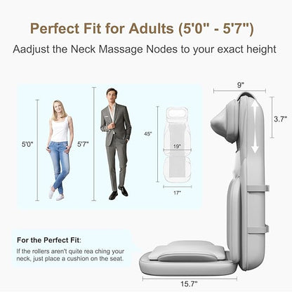 Rainwolf Shiatsu Neck and Back Massage Cushion with Heat - 4D Deep Tissue Kneading Full-Back Massager for Relief Stress, Adjustable Intensity & Height, for Office Chair & Home