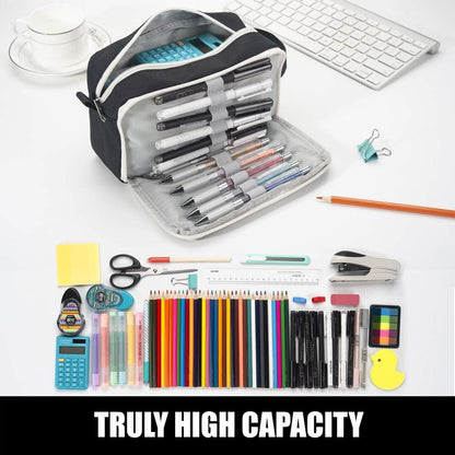 Sooez High Capacity Pencil Case, Big Pencil Bag Pouch Box Organizer Pen Case, Portable Journaling Supplies with Easy Grip Handle & Loop, Asthetic Supply for Girls Adults, Black