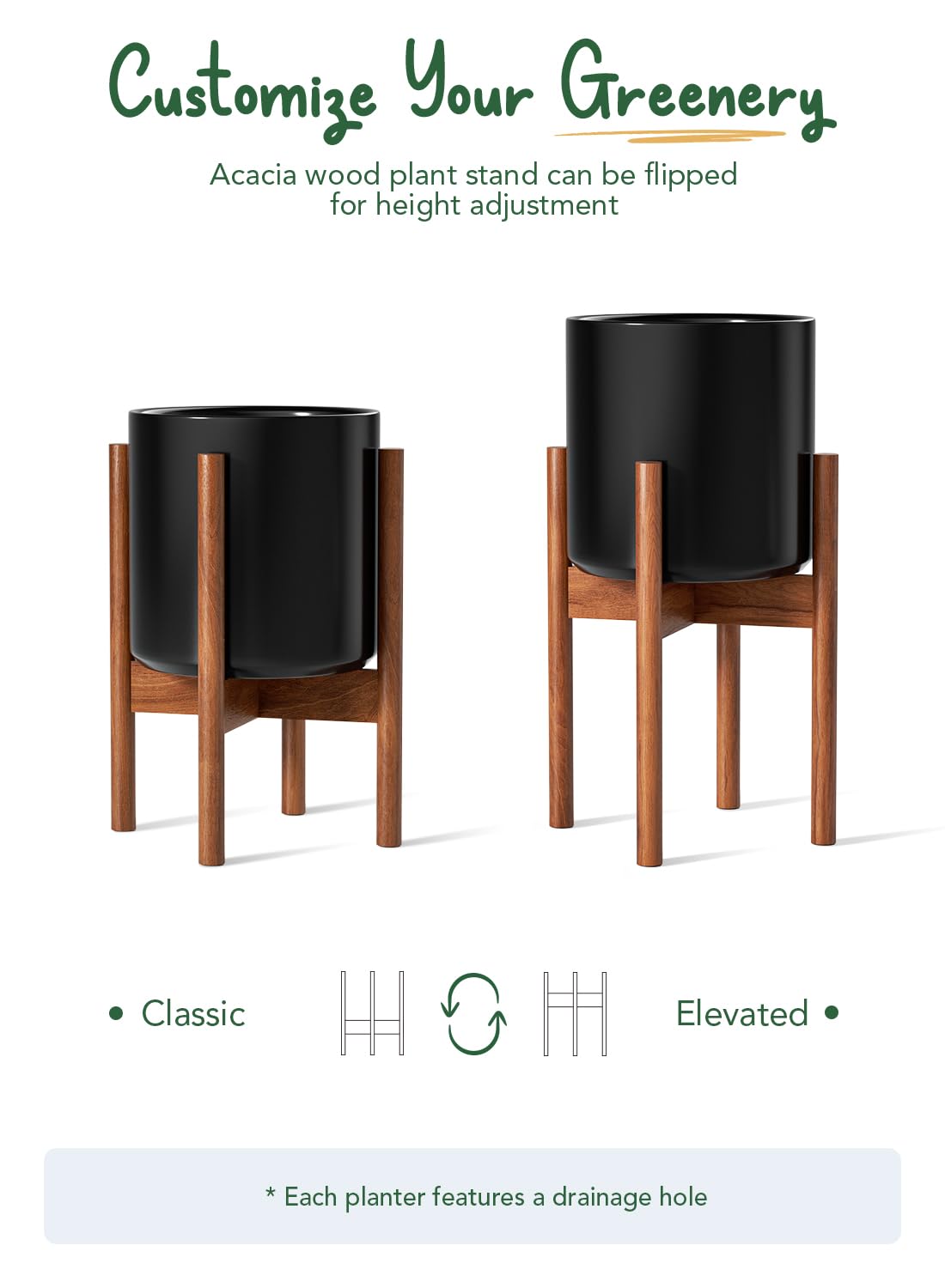 LE TAUCI 12 Inch Planter with Acacia Wood Stand, Large Ceramic Indoor Plant Pot with Drainage Hole & Plug, Mid Century Modern Plant Holder for Fiddle Leaf Fig, Monstera, Snake Plant, Black