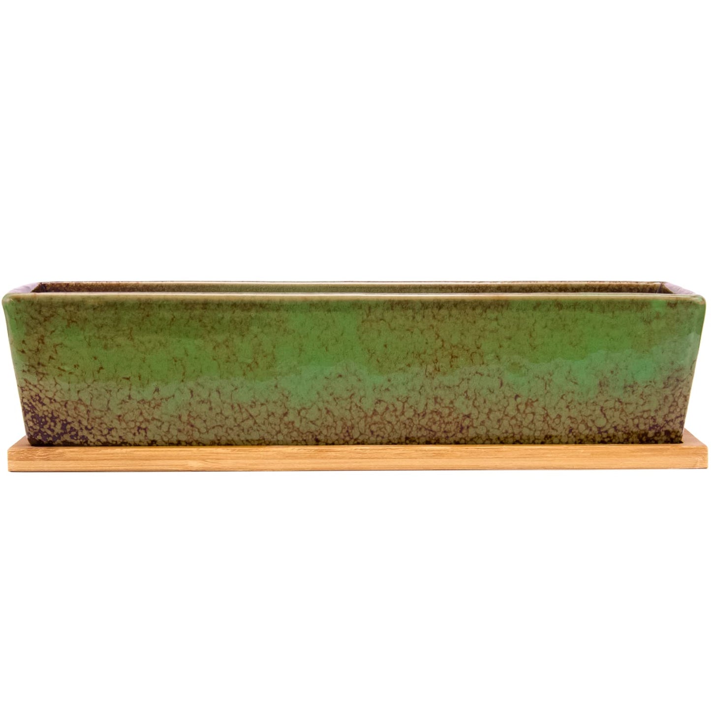 Artketty 12.1 Inch Large Succulent Planters Pots with Drainage Tray, Long Rectangle Ceramic Pots for Indoor Cactus/Succulent Plants Shallow Bonsai Window Box for Home Garden Decor (Green)