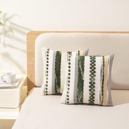 WANLIRD Boho Throw Pillow Covers 18x18 Set of 2 Christmas Decorative Cushion Case Striped Square Pillows Cover Chenille Pillow Cases Accent Neutral Pillowcase for Sofa Couch Bed,Dark Green