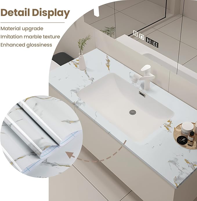 practicalWs Glossy Marble Wallpaper Peel and Stick White/Gold Granite Contact