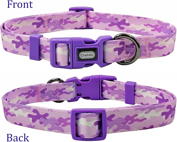 Dog Collar Leash Set, Camouflage Pattern, Polyester Material, Adjustable Collar and 5ft Matching Leash, for Small Dogs.(S, Purple Camo)