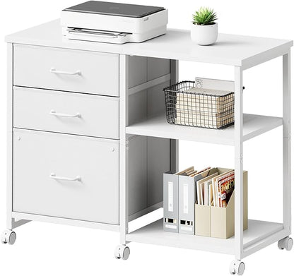Maihail 3 Drawer File Cabinet with Wheels Rolling Printer Stand with Open Storage Shelf Fabric Lateral Filing Cabinet for Home Office,White