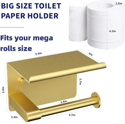 GLNLQ Brushed Gold Toilet Paper Holder Wall Mount, Fits Mega Rolls Size Rustproof Self Adhesive Brushed Brass Toilet Paper Holder Gold with Shelf