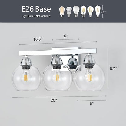 Bathroom Light Fixtures, 3-Light Silver Vanity Light with Hand-Blown Thick Glass Shades, High Transparency & Few Flaws, Wall Sconce for Mirror, Kitchen, Bedroom