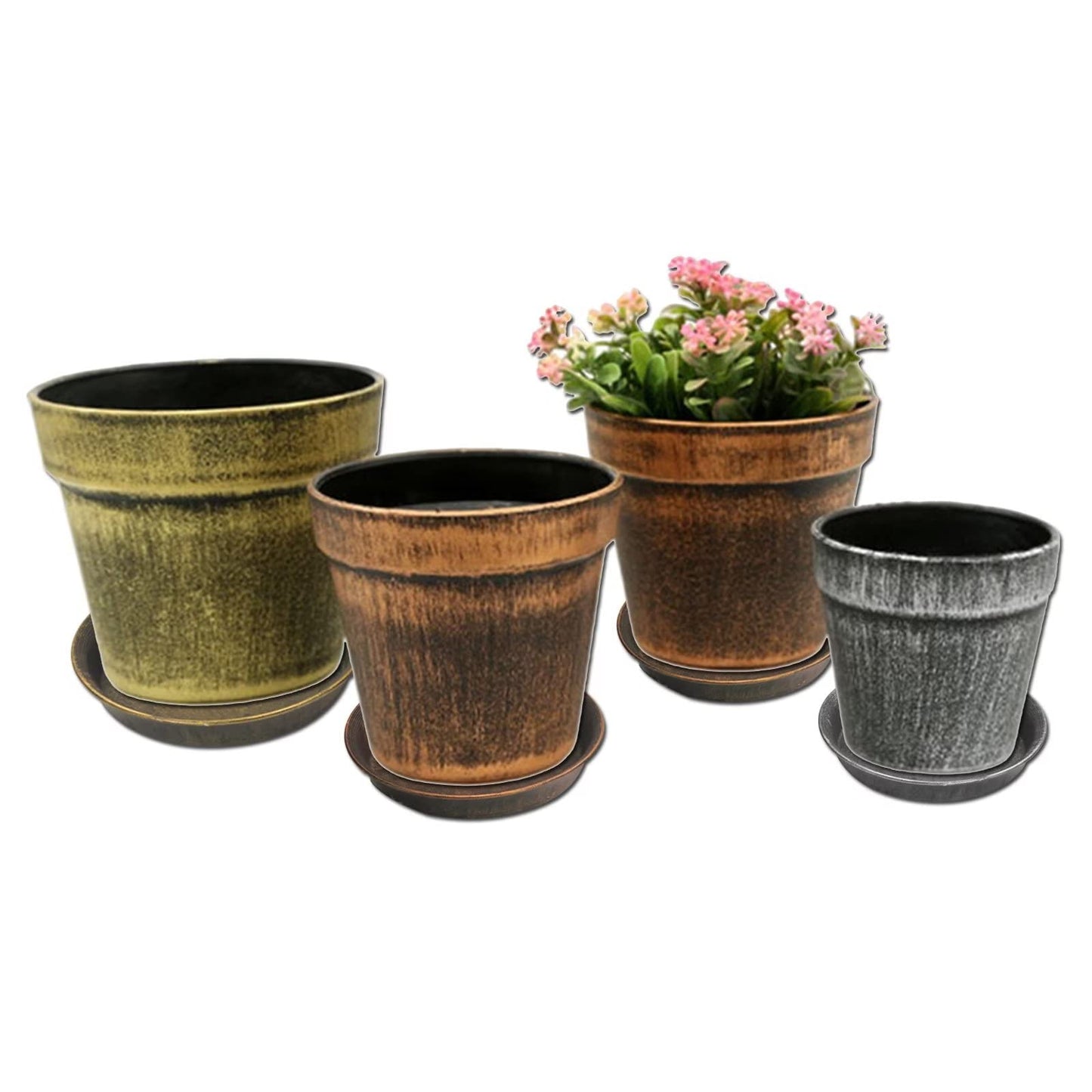 ARTLINE Decorative Rustic Plastic Plant Saucer Medieval Antique Matte Metal Look, 4 Pack 7" Small Flower Pot Drip Water Trays Indoor Outdoor, Planter Drainage Plates to Catch Water, Bronze