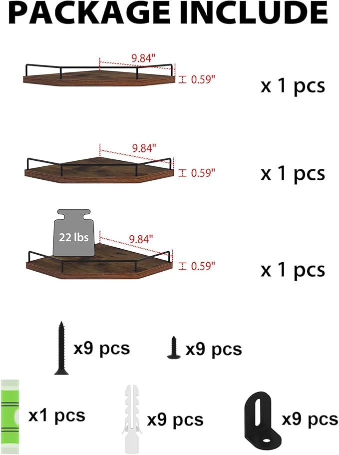 HORLIMER Floating Corner Shelf Wall Mount, 3 Pack Rustic Wood Corner Wall