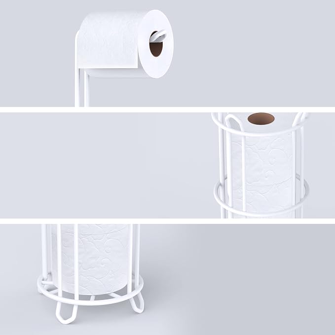 Meangood Toilet Paper Holder Stand and Tissue Paper Roll Dispenser for 4 Mega Rolls, Bathroom Free Standing Tissue Roll Storage Holder Rack, Metal Wire (White)
