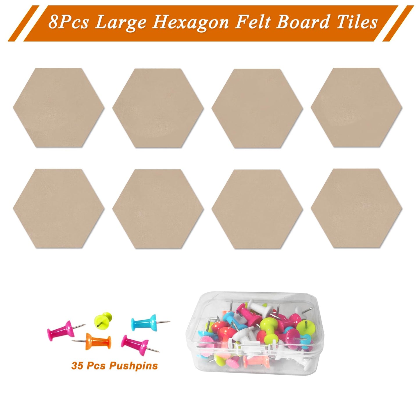 HULAVO Large Hexagon Felt Cork Board Tiles, Self Adhesive DIY Felt Bulletin Board Pin Board with 35 Pushpins for Office School Home Wall Decor Stickers Memos Photos Display(Light Brown)