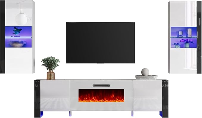 AMERLIFE 3-Piece Modern Wall Unit Entertainment Center Set, High Gloss 80"