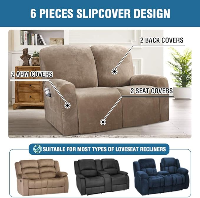 H.VERSAILTEX Velvet Stretch Recliner Couch Covers 6-Pieces Recliner Loveseat