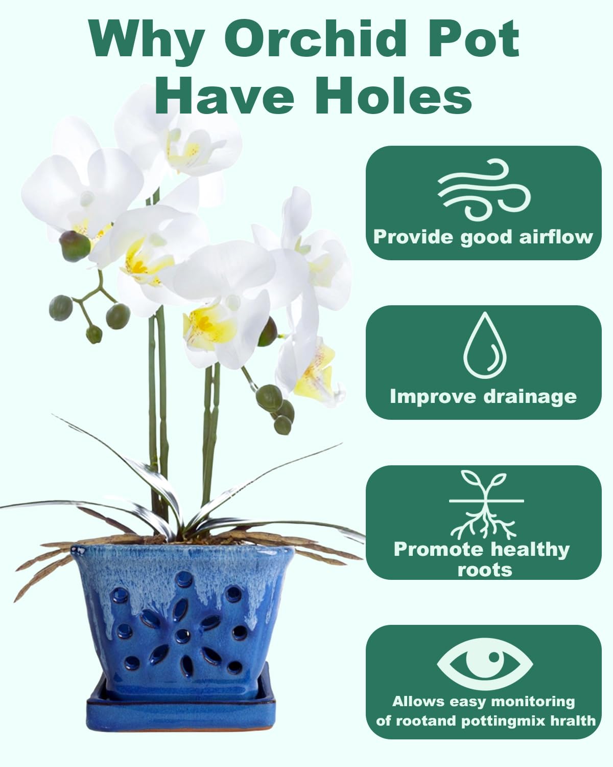 vensovo 5.5 Inch Orchid Pot with Holes Rectangular for Repotting, Ceramic Orchid Planter Indoor/Outdoor Use with Enhanced Airflow & Drainage, Blue