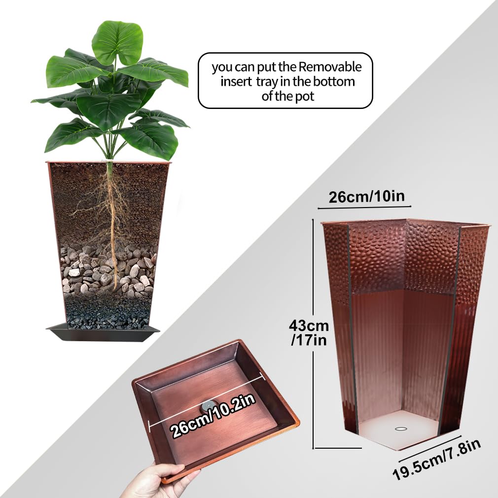 Megawodar 2 Pcs Pack Metal Tall Tapered Planter Pots Steel Large Square Planter Flower Pot with Drainage Holes for Indoor Outdoor Deck Porch Garden Home Patio Front Door (Glossy Copper, 28" H.)