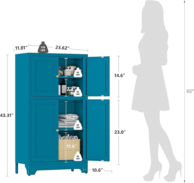 YAUWOH Blue Bathroom Floor Cabinet, Metal Storage Cabinet