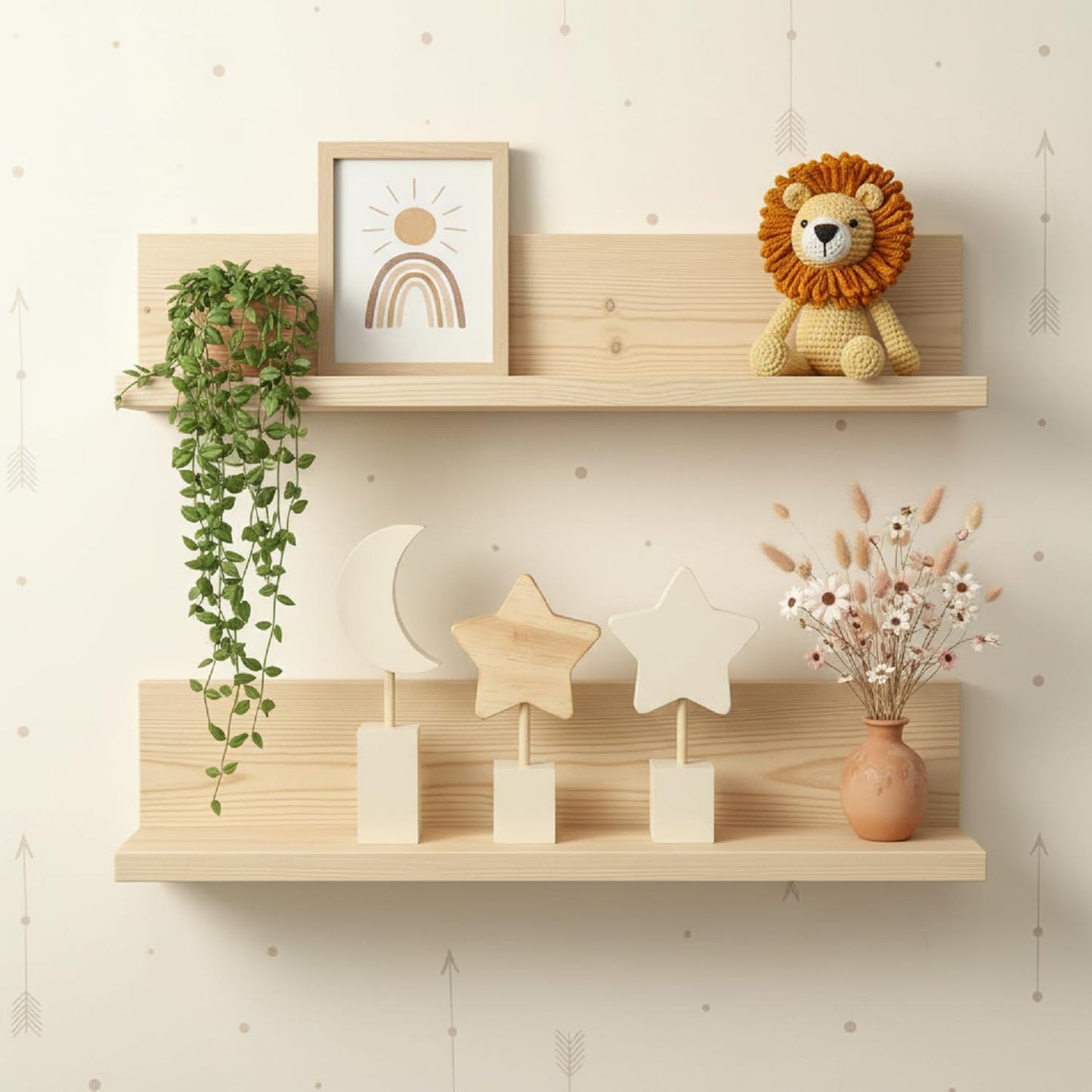 Barydat 3 Pcs Boho Nursery Shelf Decor Wooden Moon and Star Nursery Decor Set Cute Bohemian Children Kids Decoration for Boys Girls Farmhouse Bedroom Kindergarten Classroom Playroom Bookshelf