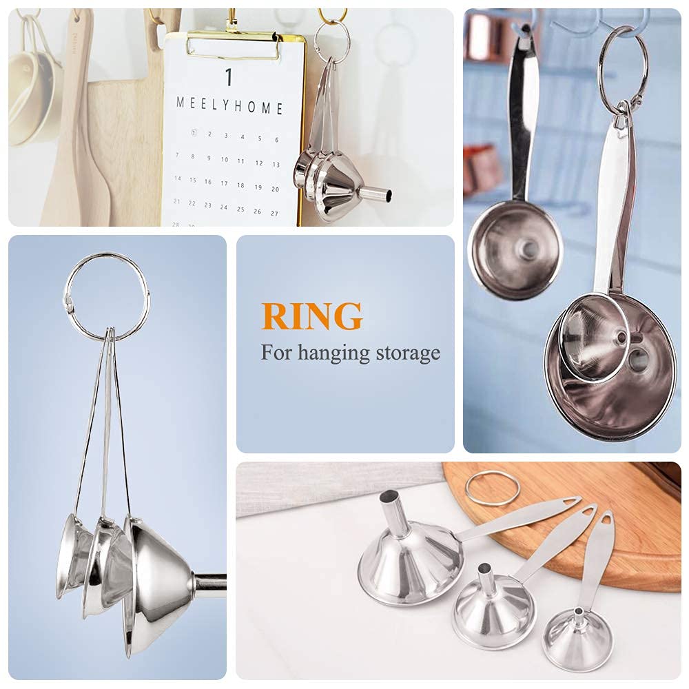 3 in 1 Metal Funnels for Filling Bottles Stainless Steel Small Kitchen Funnel Set for Transferring Essential Oils Liquid Fluid Spice Dry Ingredients Powder, Durable (‎Long-Handled Funnel)
