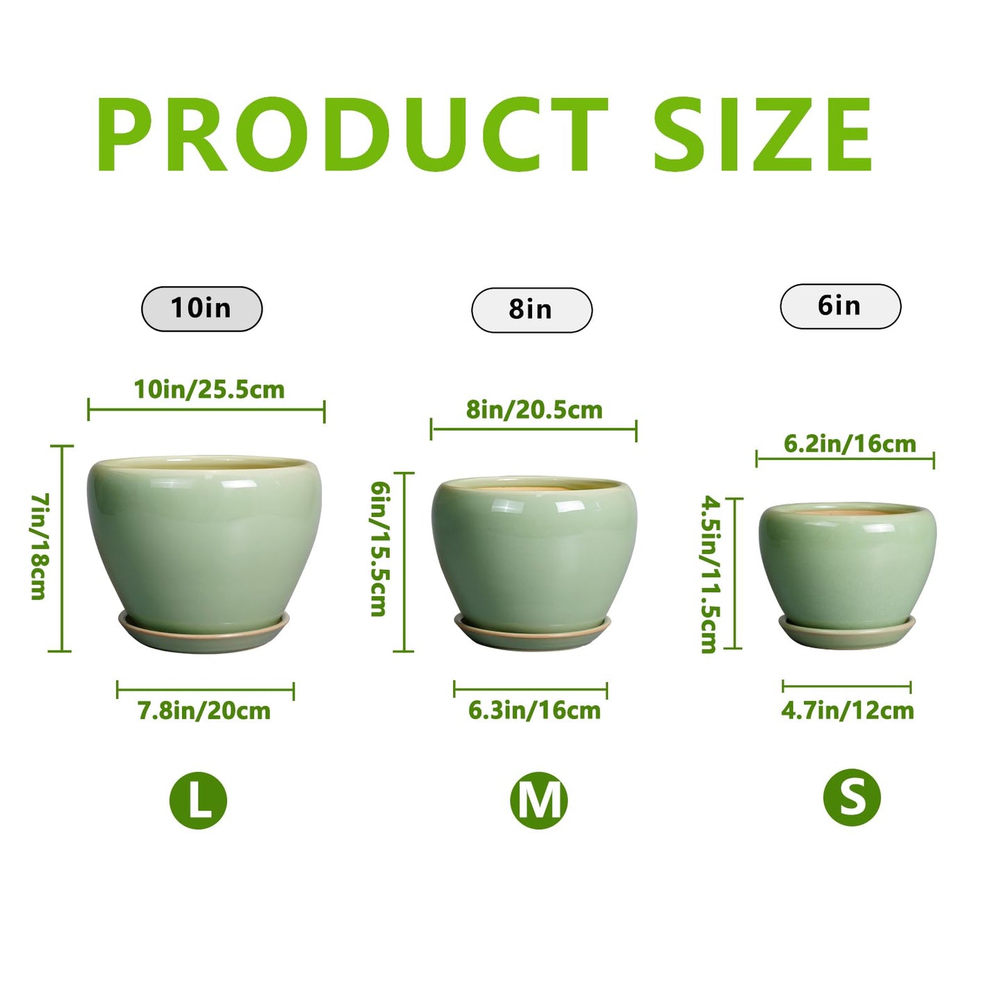 EPFamily Ceramic Pots for Plants - 10/8/6 Inch Flowers Planters with Drainage Holes and Saucers for Indoor Outdoor, Decorative Modern Home House Office Room Decor, Set of 3, Green