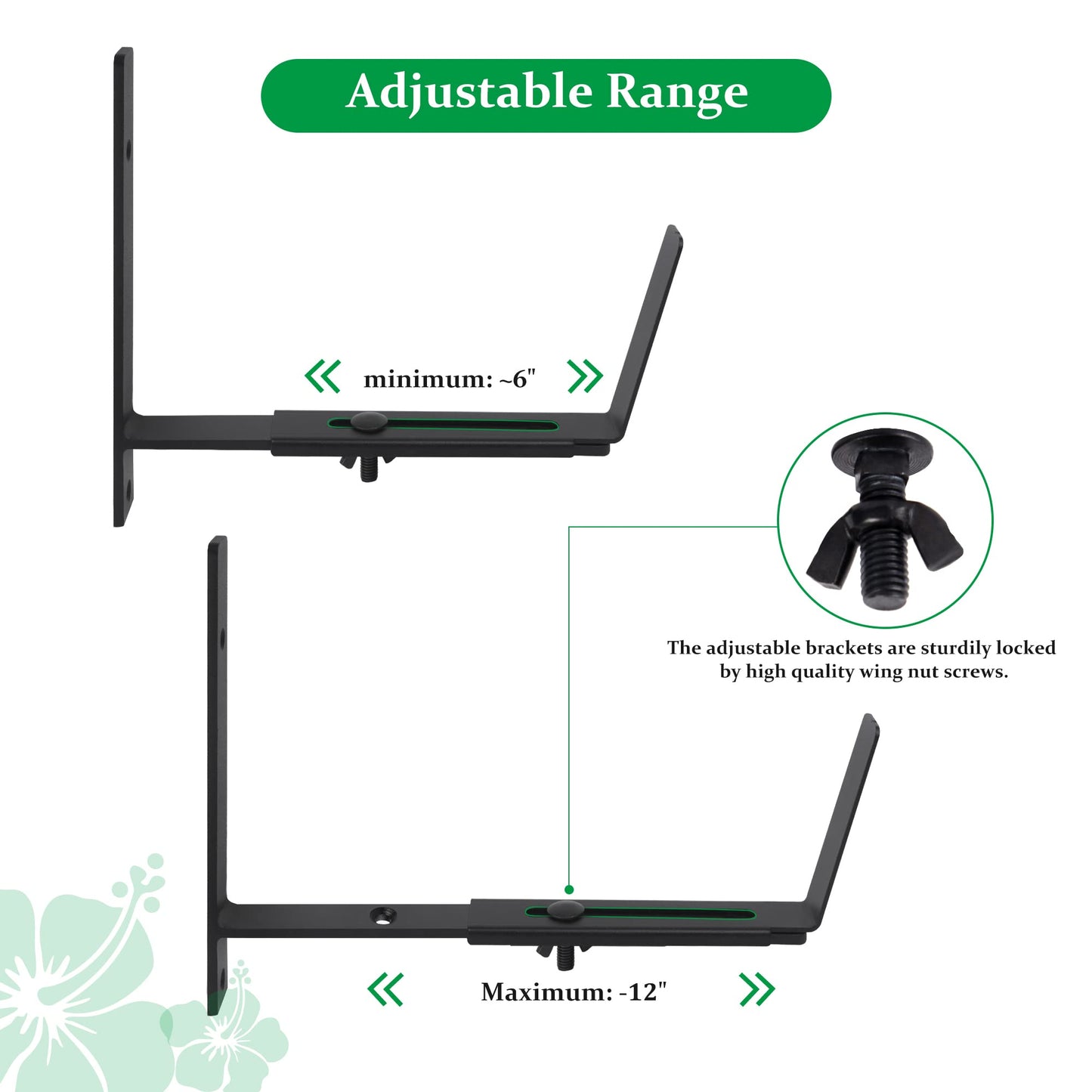Maotong Adjustable Window Planter Box Brackets 6 Pack, Heavy Duty Wall Mount Flower Box Holder for Planter Box Depth (Front to Back) 6 to 12 Inches, Black