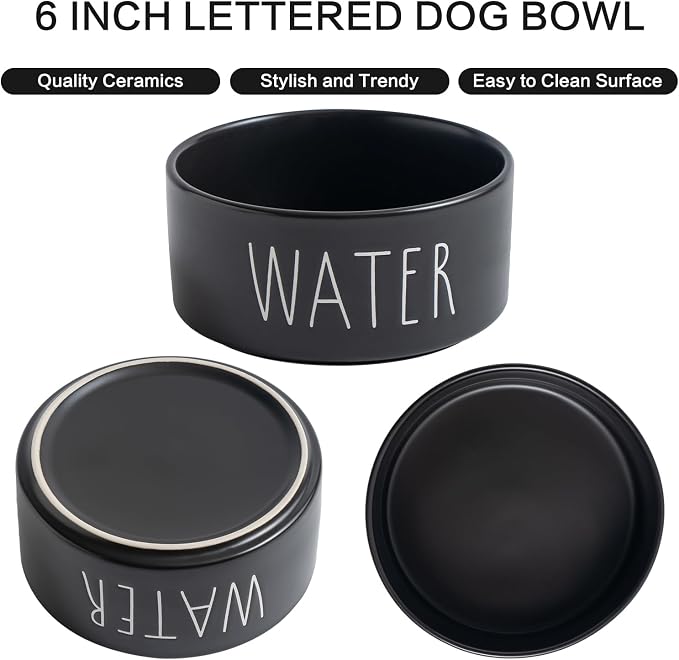 Ceramic Dog Bowls Set of 2 - Weighted Dog Dishes with Food & Water Lettering for Small and Medium Dogs, Food Grade Pet Bowl, Dishwasher & Microwave Safe (6 inch, 2 * 30oz, Black)