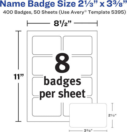 Avery Flexible Printable Name Tags, 2-1/3" x 3-3/8", Matte White, 400 Removable Name Badges for Laser and Inkjet Printers (5395)