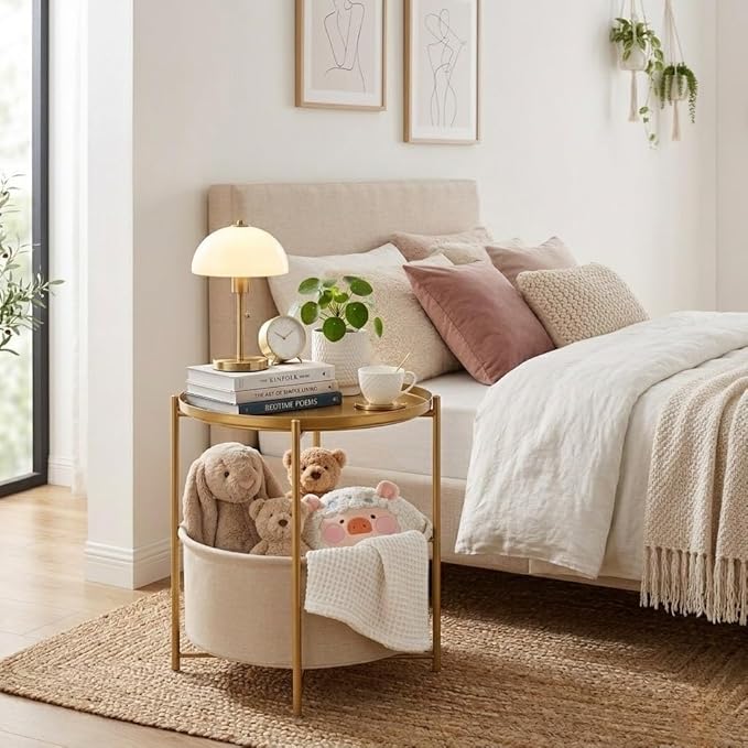 danpinera Gold Side Table with Fabric Storage Basket, Metal Round Side Small
