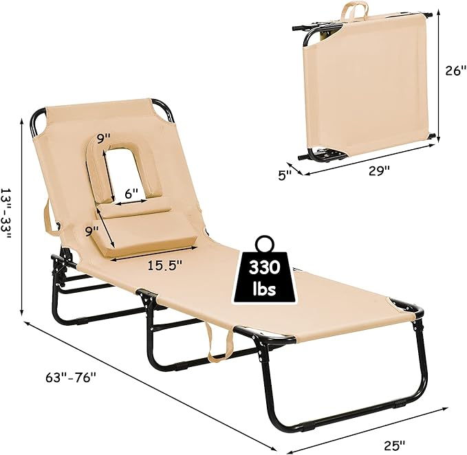 Folding Beach Lounge Chair w/ 5 Adjutable Backrest & Padded Pillow, Sunbathing