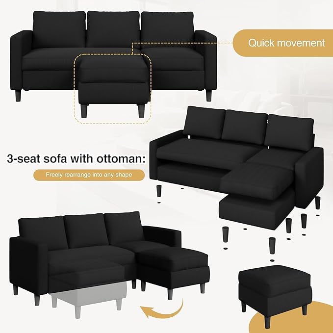 JAMFLY Sectional Sofa for Living Room, 3-Seat Reversible Couch