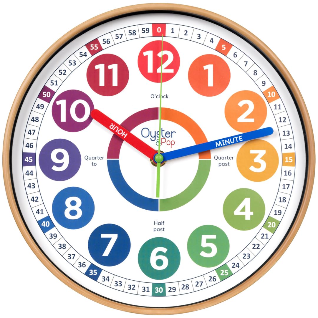 Oyster&Pop Kids Clock – Silent 10" Analog Learning Wall Clocks - Award-Winning Telling Time Teaching Clock for Kids - Bedrooms Homeschool & Classrooms - Includes eBook