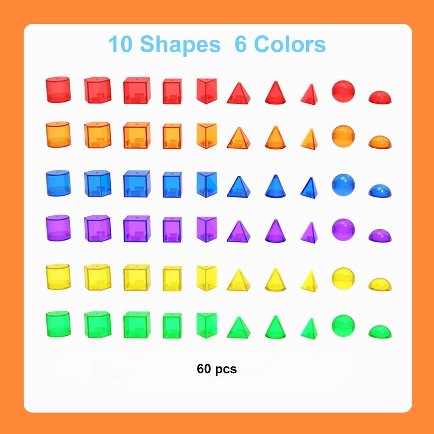 EXBEPE 3D Geometric Solids 60 Pcs for Kids Translucent Geometric Shapes for Geometry Beginnings,Light Table Manipulatives Toy Math Helper School Supplies